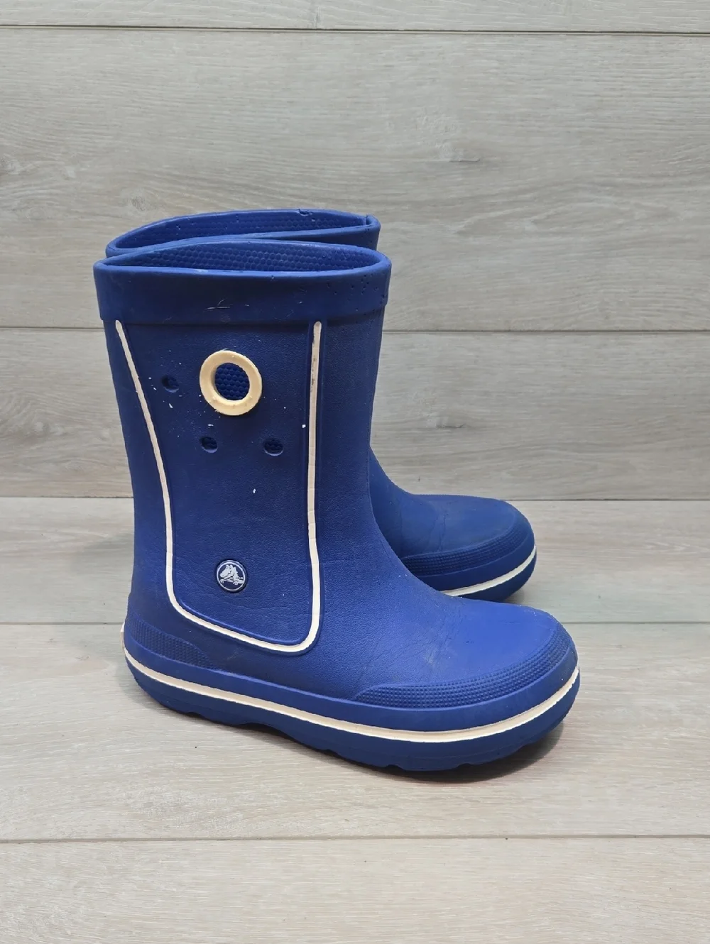 Crocs Big Boy Kids Blue Waterproof Rain Boots with White Trim Shoes RubberJ3